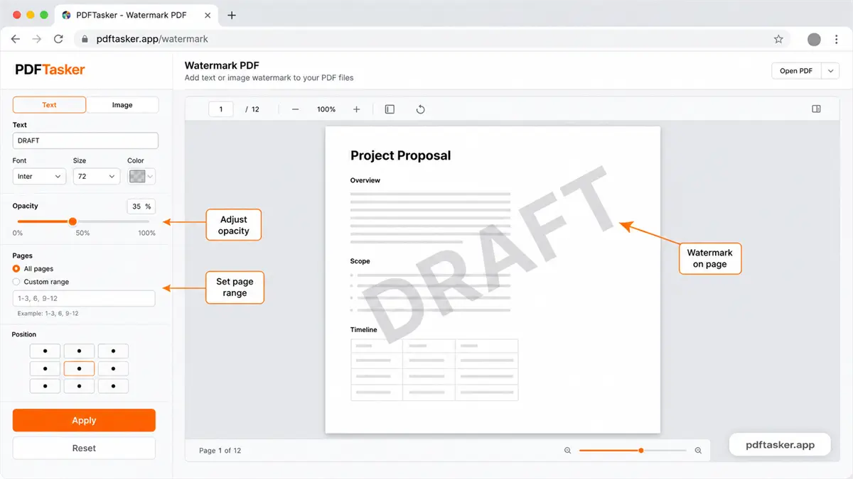 A browser watermark editor showing controls for text, opacity, and pages