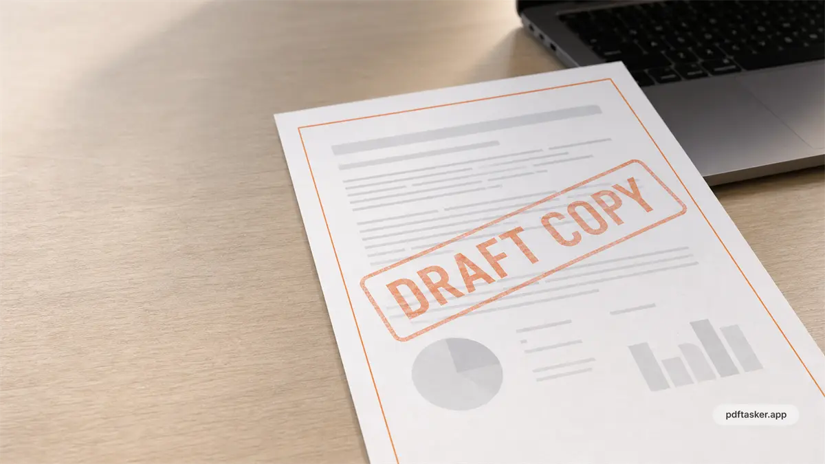 A blurred desk document with a visible draft watermark overlay
