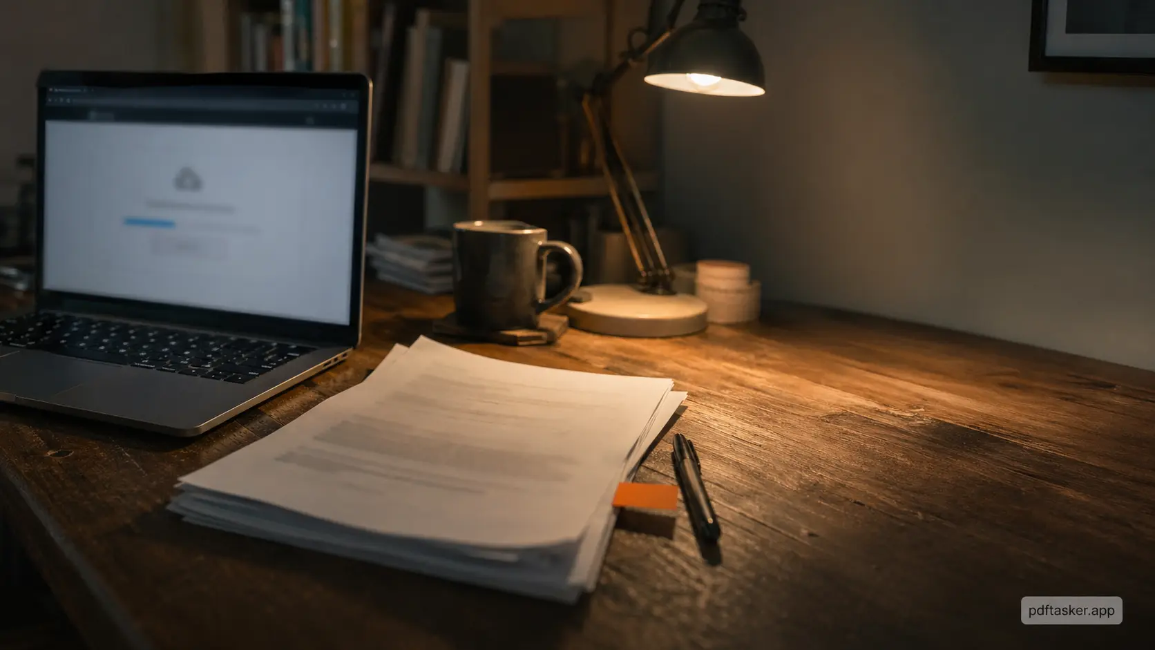 Desk with a PDF, laptop, and one orange bookmark suggesting a pause before upload