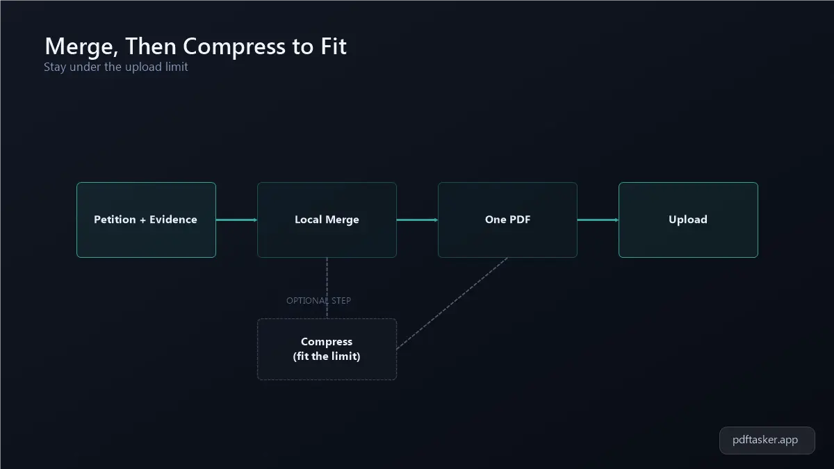 Flow diagram showing petition and evidence PDFs merging into one file, then compressing to fit an upload size limit