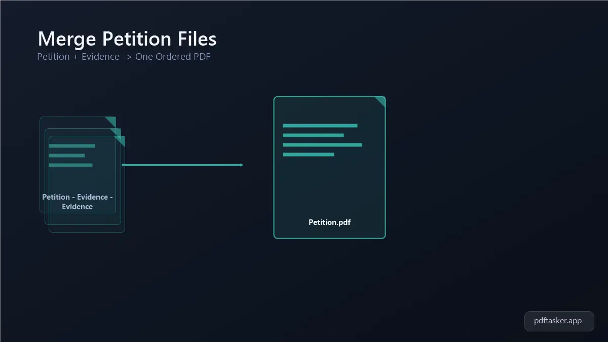 A petition PDF and several evidence document PDFs merging into one file, then shrinking in size