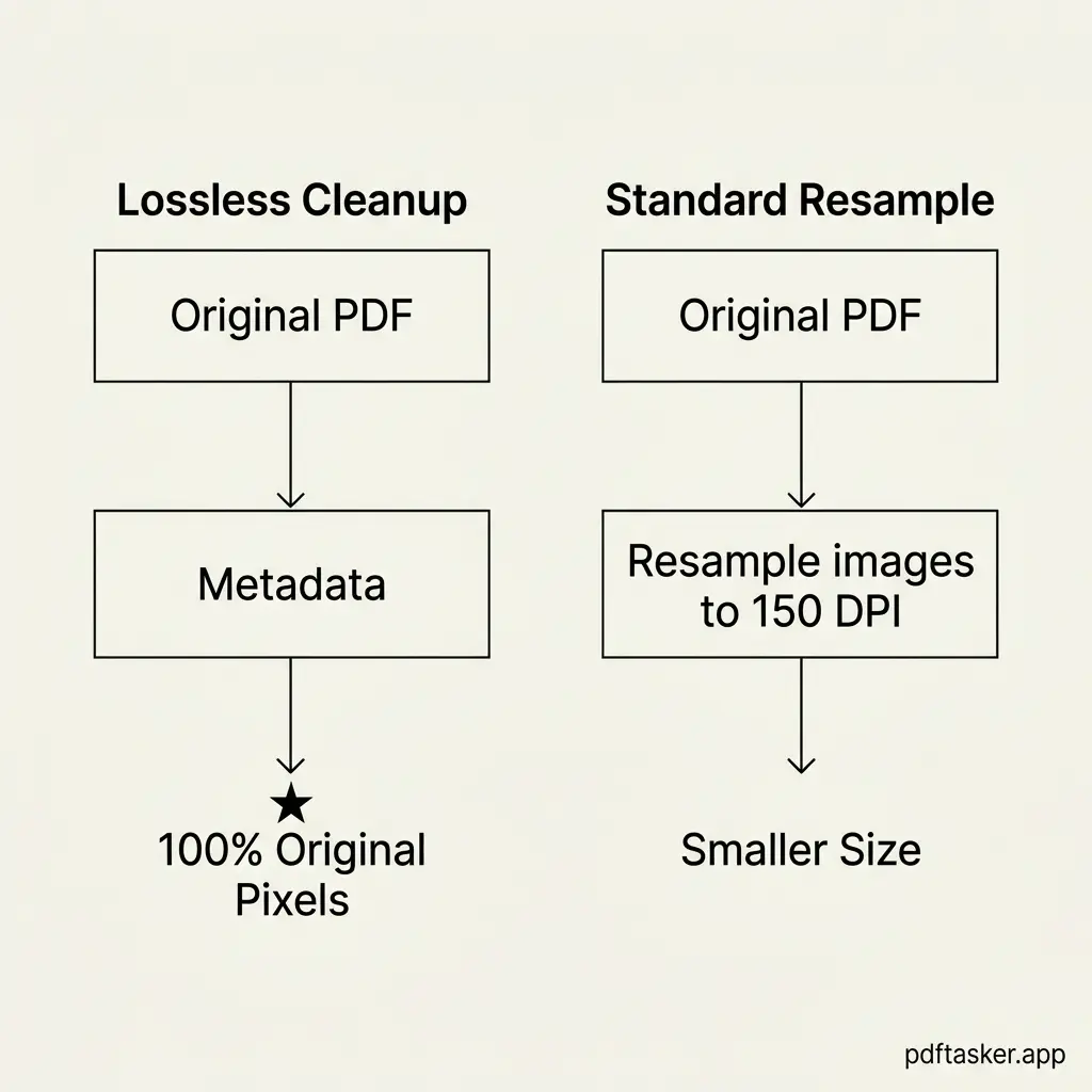 Flow diagram comparing standard image resampling path and lossless structural cleanup path side-by-side