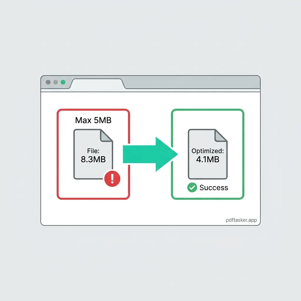 Illustration showing a document size gauge decreasing from 8.3MB to 4.1MB with a checkmark on a job application screen