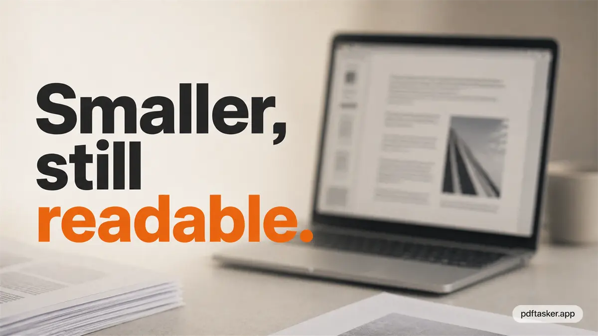 A blurred document workspace with the phrase Smaller still readable