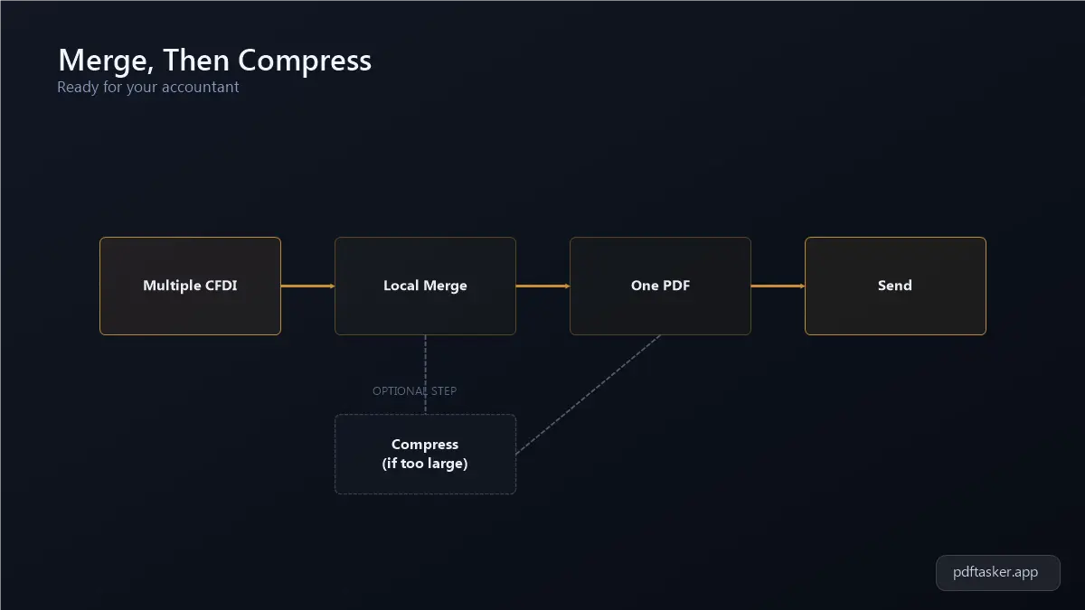 Diagrama de flujo mostrando varios CFDI en PDF uniéndose en un archivo y comprimiéndose antes de enviarlo