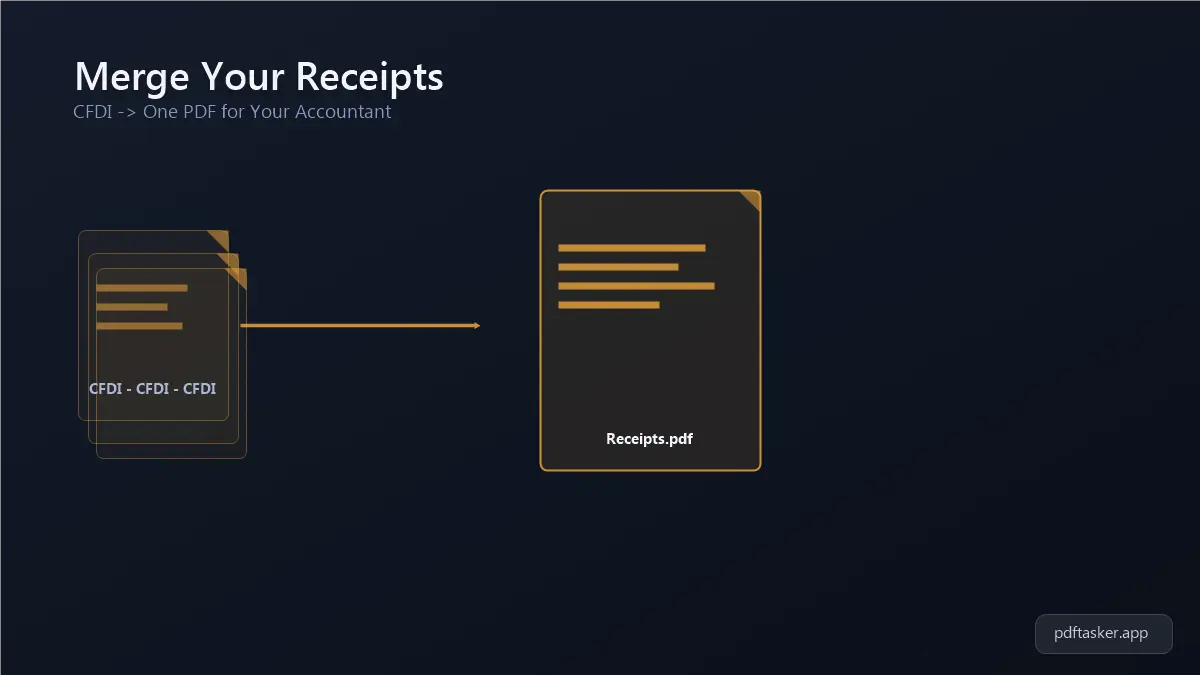 Varios íconos de comprobantes fiscales (CFDI) en PDF uniéndose en un solo archivo más compacto