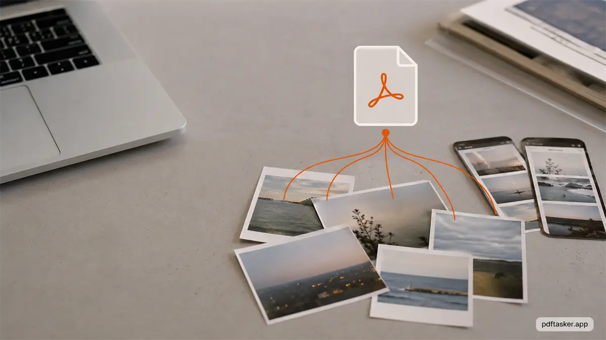A desk with scattered JPG photo thumbnails and a simple PDF overlay