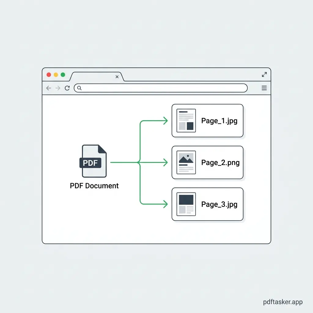 UI mockup showing a PDF document cleanly split into individual JPG and PNG image tiles inside a browser sandbox outline