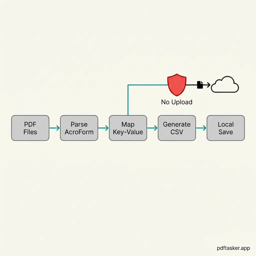 Flow diagram showing filled PDF form fields parsed locally into mapped rows inside a CSV file