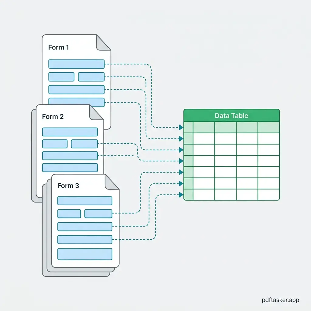 UI mockup showing multiple filled PDF document forms channeling their input data fields into a single spreadsheet table