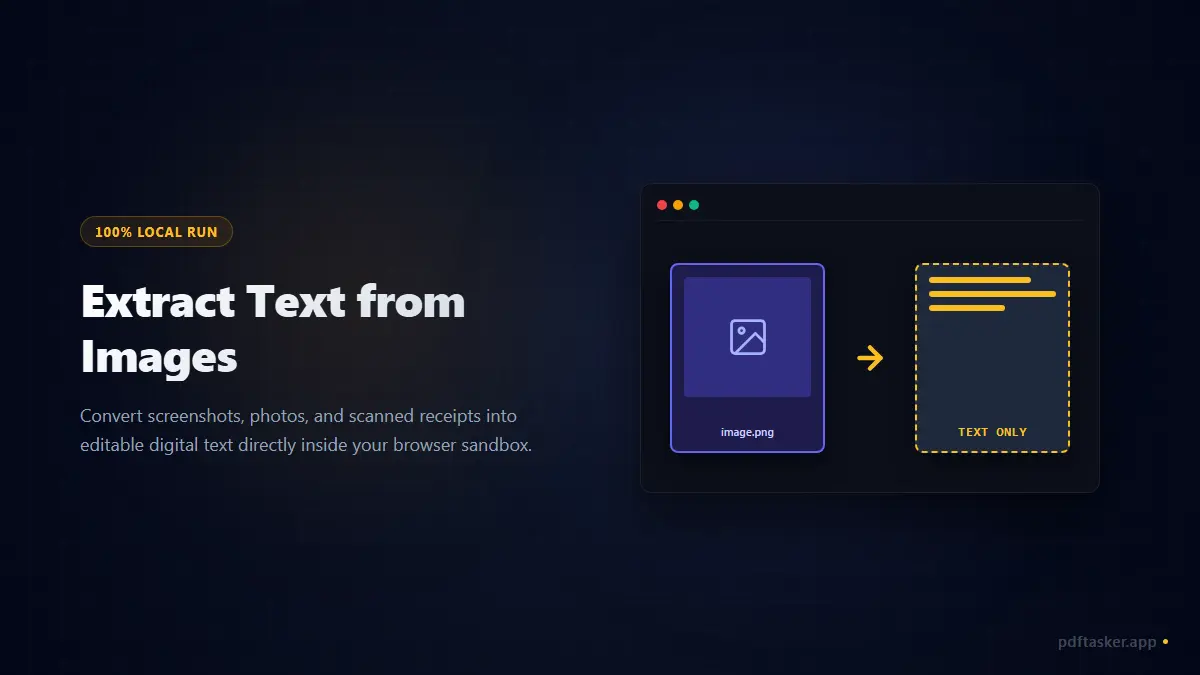 Illustration showing text characters being extracted directly from a photo frame inside a local browser window outline