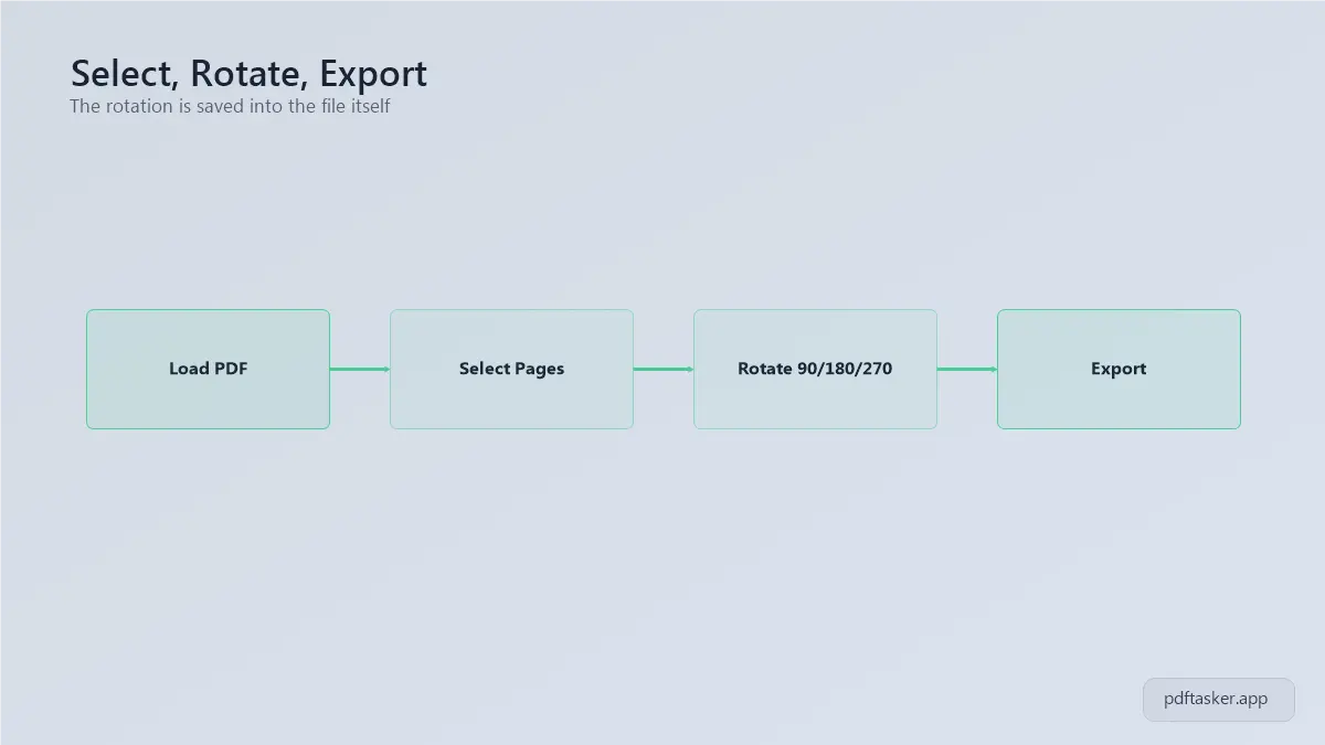 Step flow diagram showing upload, page selection, rotate 90 180 or 270 degrees, and export