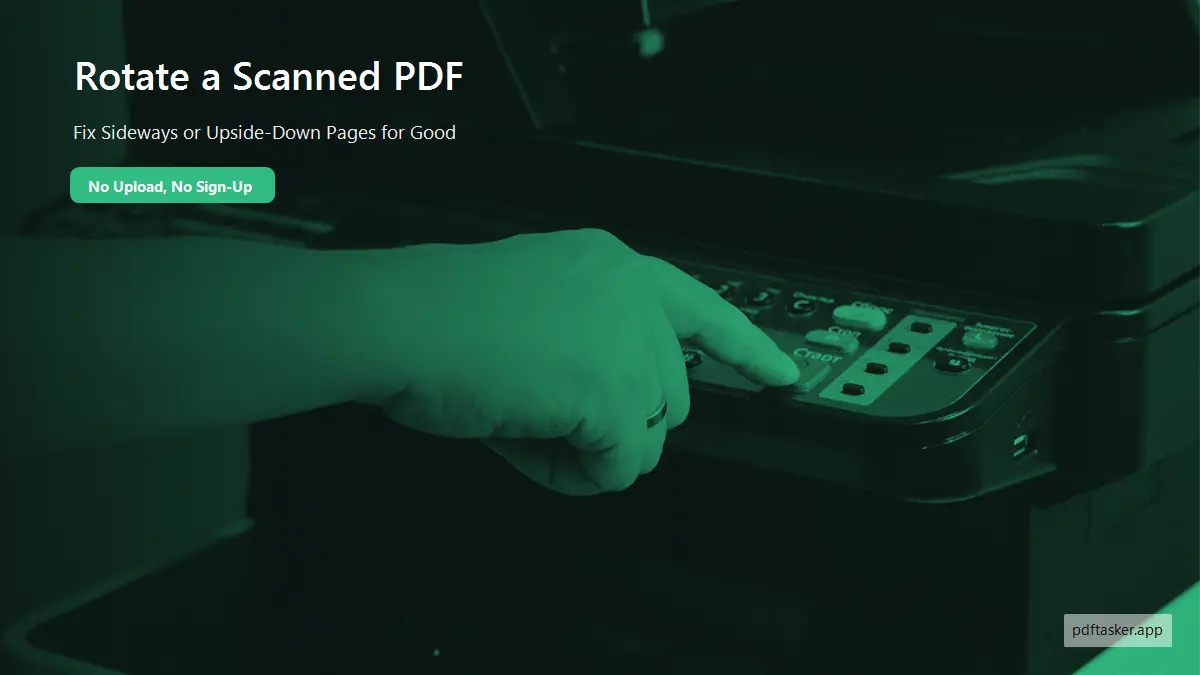 A hand pressing a button on a scanner's control panel while a document scans