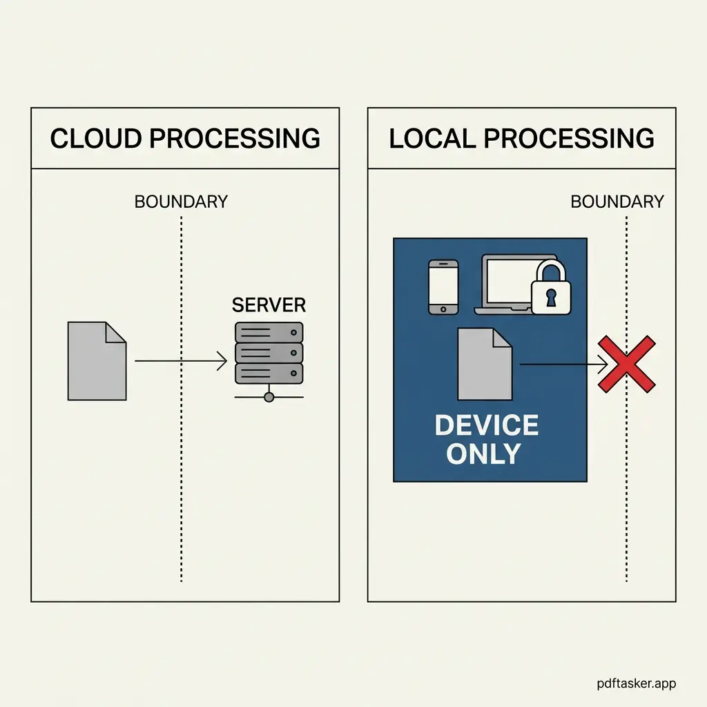 Technical diagram comparing the data flow of server-side PDF processing versus local browser-first processing