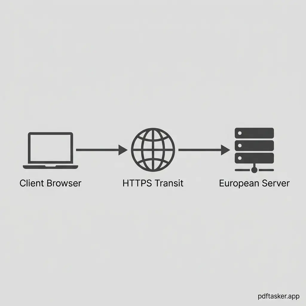 Abstract map diagram showing a document traveling from a browser through various network routers to a remote cloud server