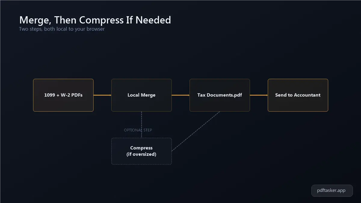 Flow diagram showing multiple tax form PDFs merging into one file, then optionally compressing before sending to an accountant