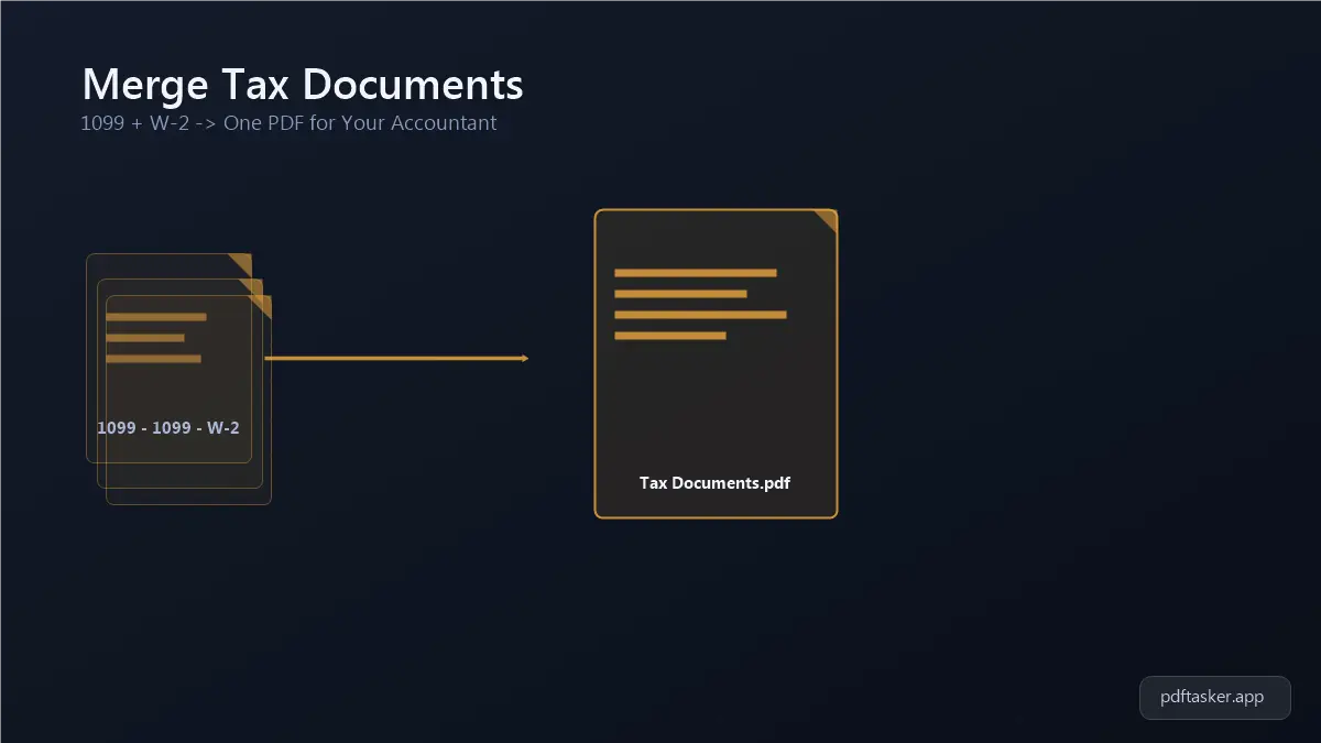 Several tax form PDF icons (1099, W-2) merging into a single combined PDF file
