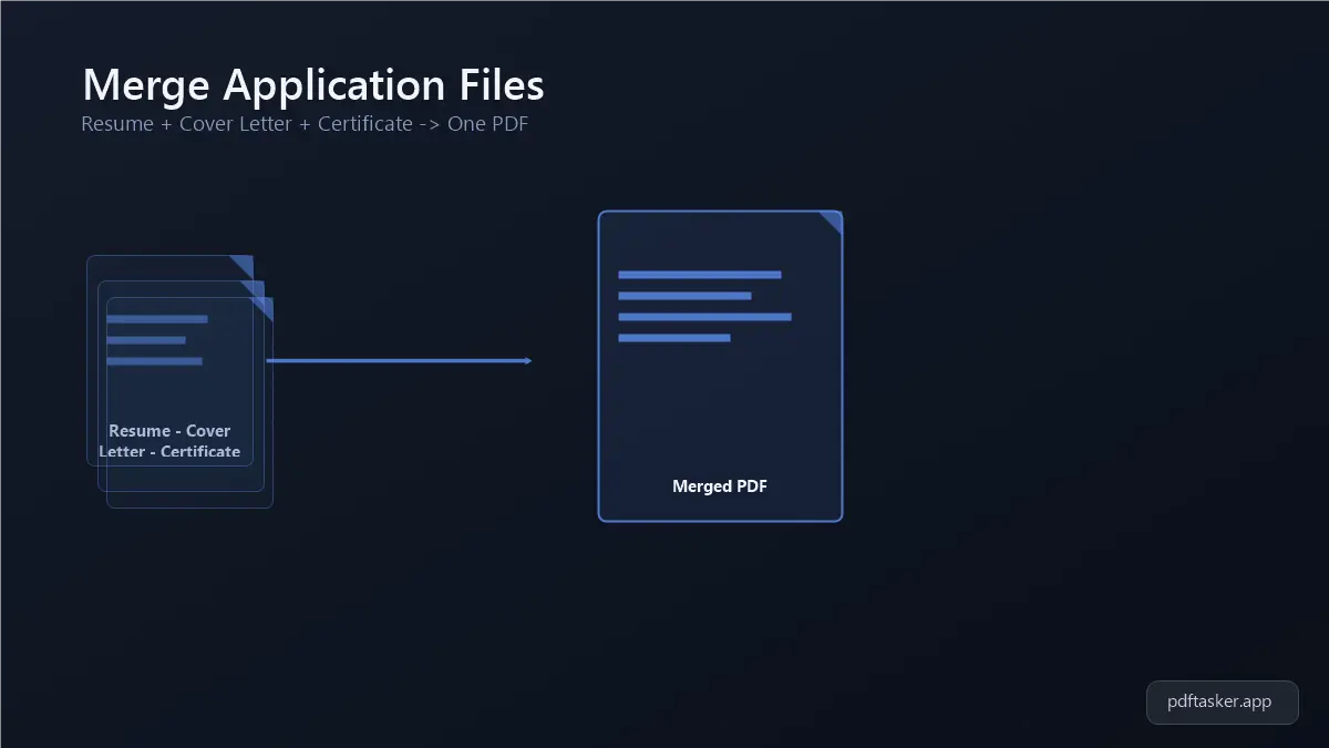 Separate resume, cover letter, and certificate PDF icons combining into a single PDF file, representing a job application upload