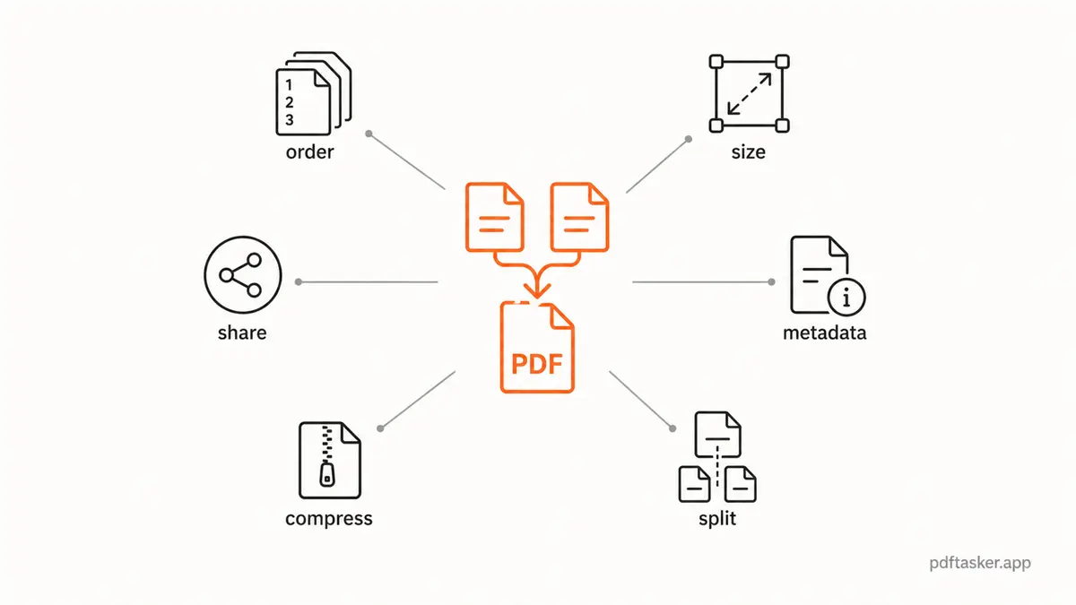 A compact set of PDF merge checks covering order size metadata and sharing