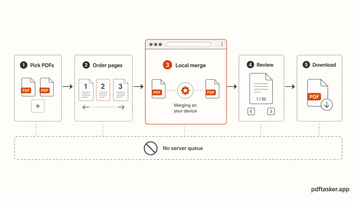 A local merge flow from selected PDFs to page order review and download