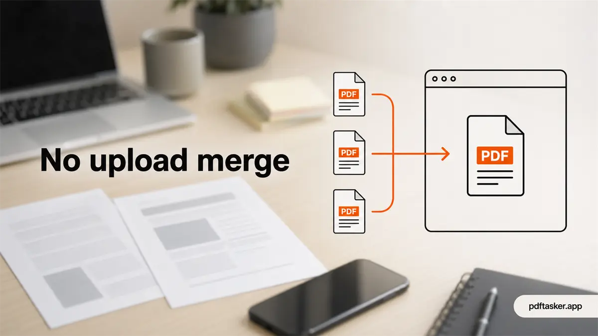 A browser-local PDF merge workspace with files staying on the device