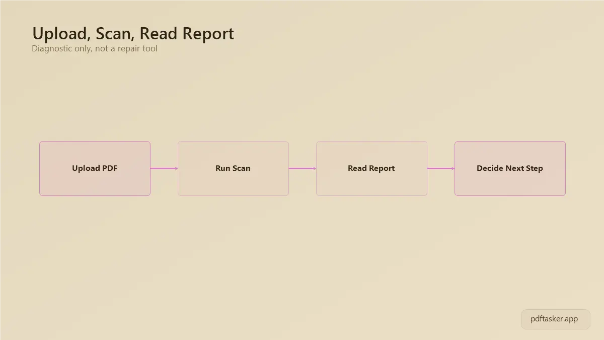 Upload, scan file, report padhna aur agla kadam decide karne ka step-flow diagram