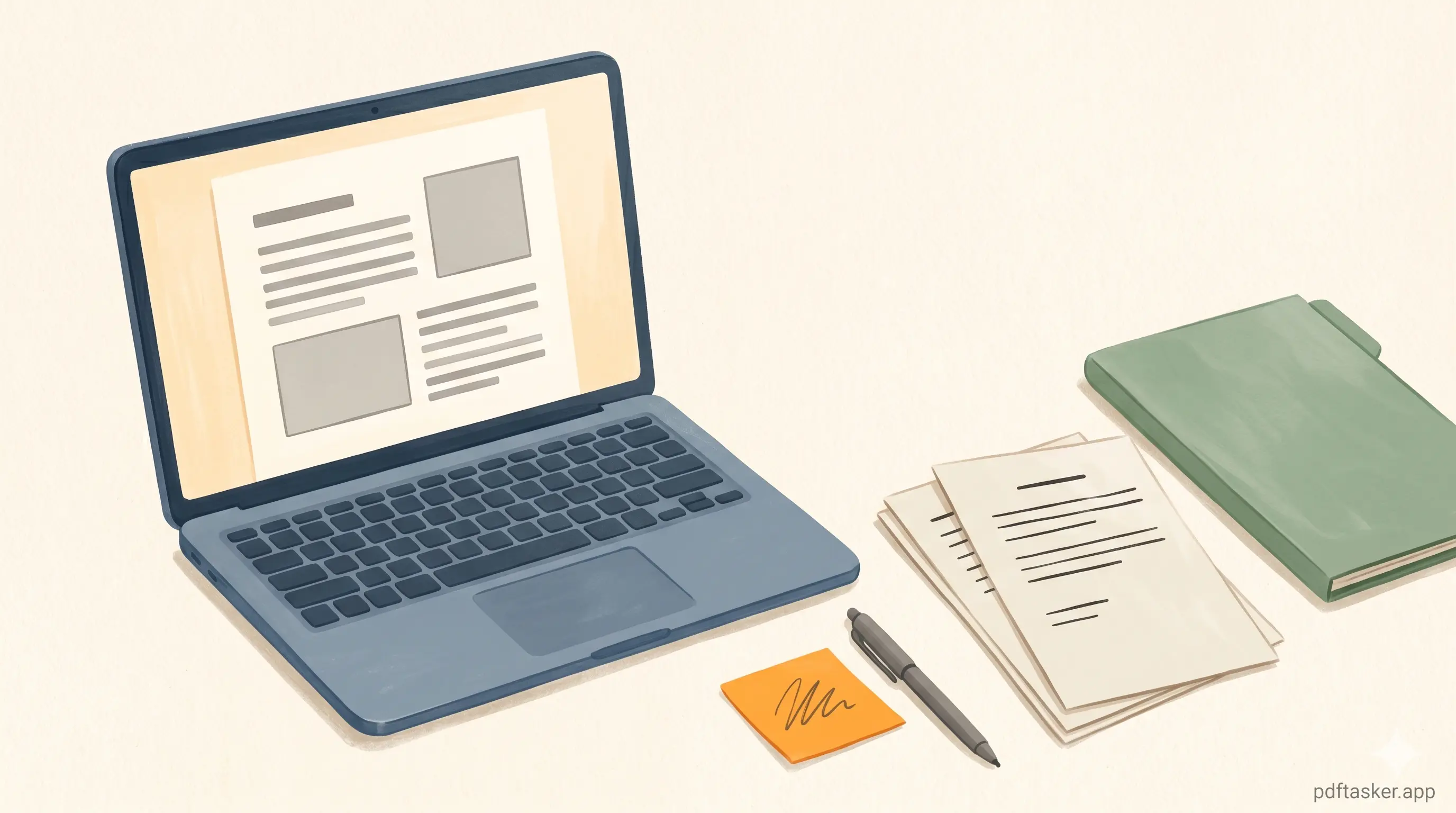 A student's desk with a laptop, printed assignment sheets, and a folder — representing the everyday PDF tasks students handle