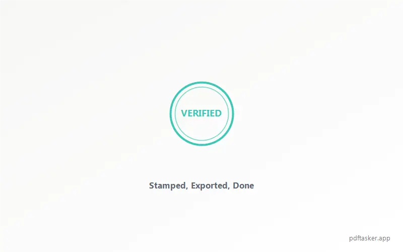 작은 원형 'VERIFIED' 도장 아이콘과 'Stamped, Exported, Done' 문구가 담긴 삽화