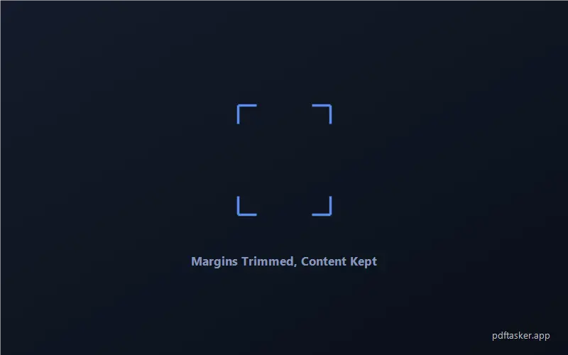 크롭 브래킷 아이콘이 선택 영역을 감싸고 있고, 'Margins Trimmed, Content Kept' 문구가 함께 표시된 작은 스팟 일러스트
