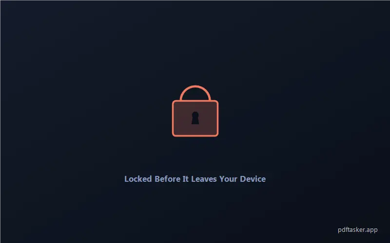 Ilustración de un candado pequeño que representa un PDF ya protegido antes de salir de tu dispositivo, con el texto en inglés 'Locked Before It Leaves Your Device'