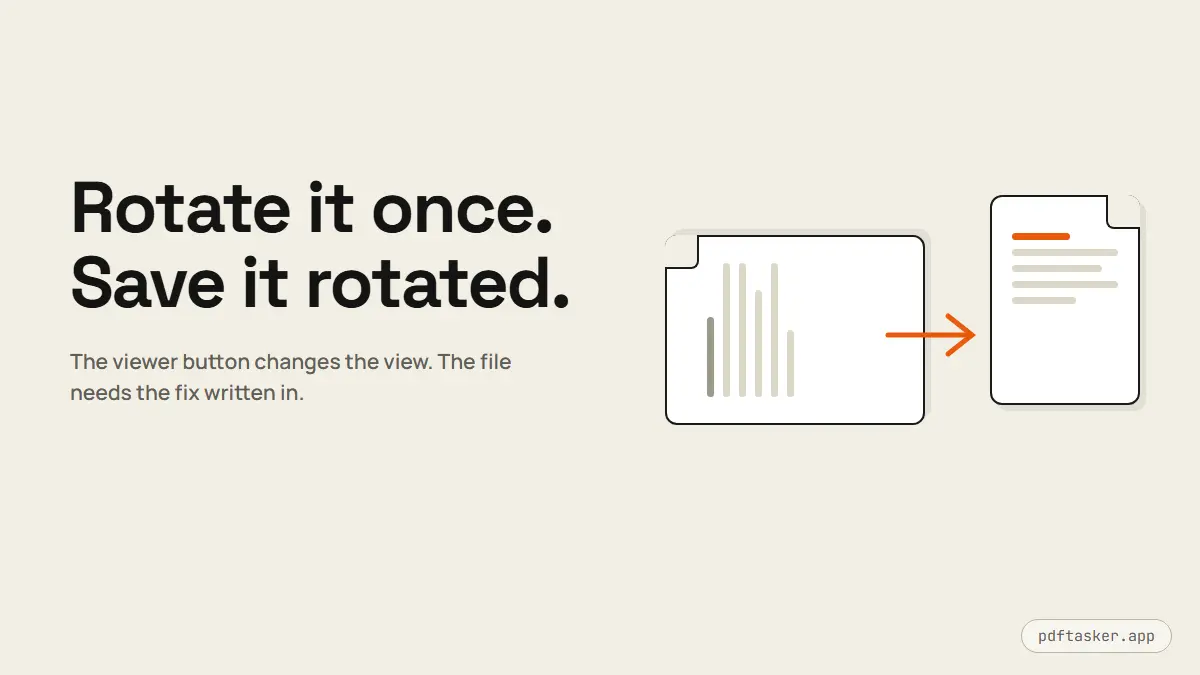 A document page shown sideways next to the same page upright, with a rotation arrow between them