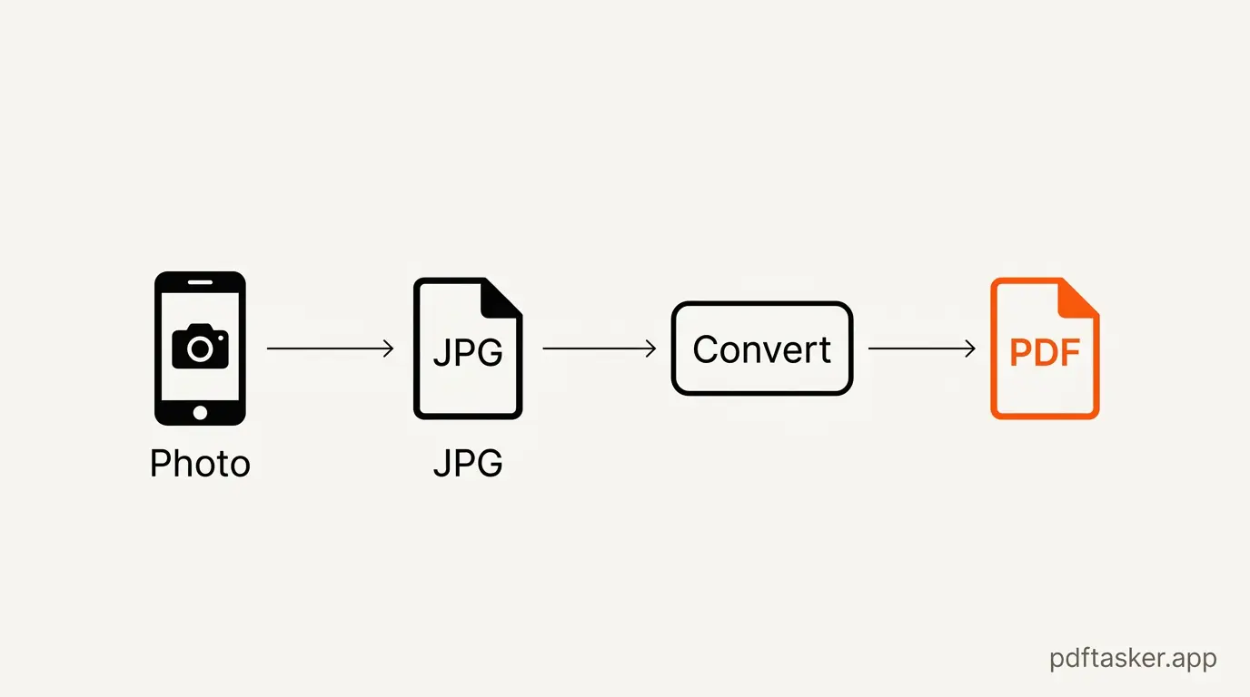 Flow diagram showing a phone photo going from JPG to PDF through a browser conversion step