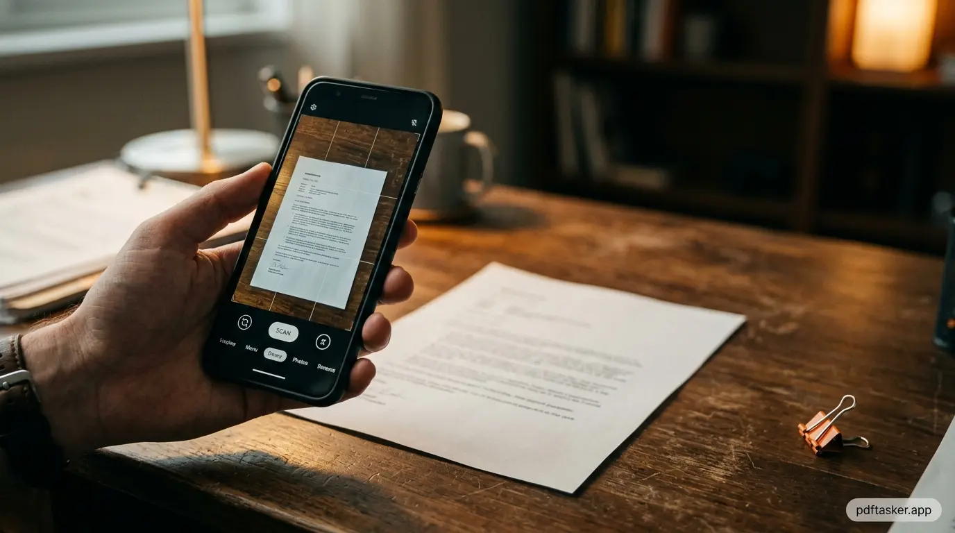 A phone camera positioned above a document on a wooden desk, cinematic close-up