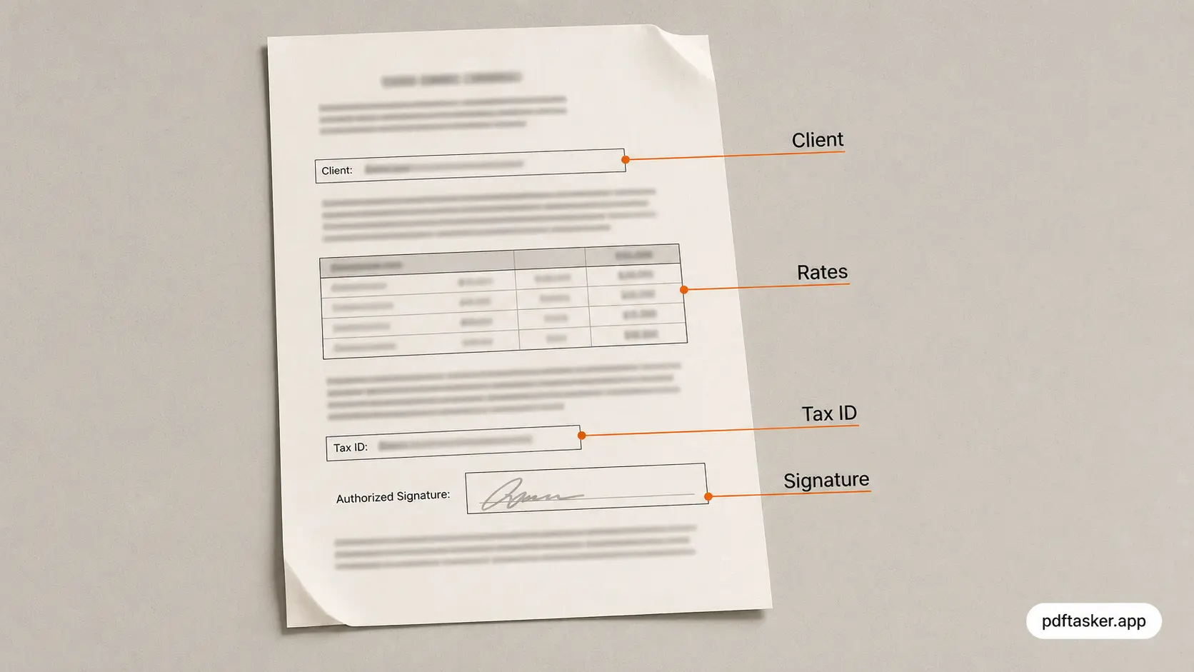 Annotated contract page showing names, rates, tax details, and signature areas as sensitive fields