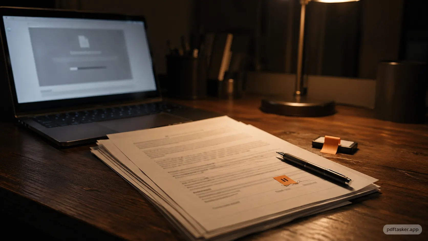 Contract papers and a laptop on a desk with the upload step paused before signing