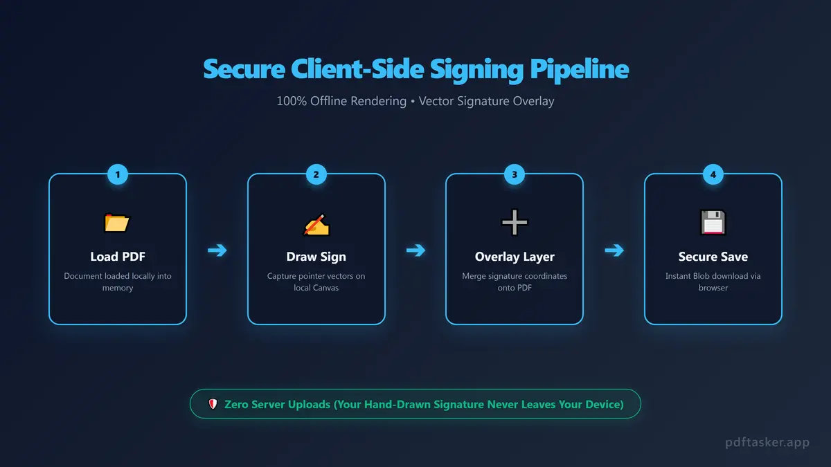 Technical flow diagram showing how a signature is drawn on a browser canvas and overlaid onto a local PDF document