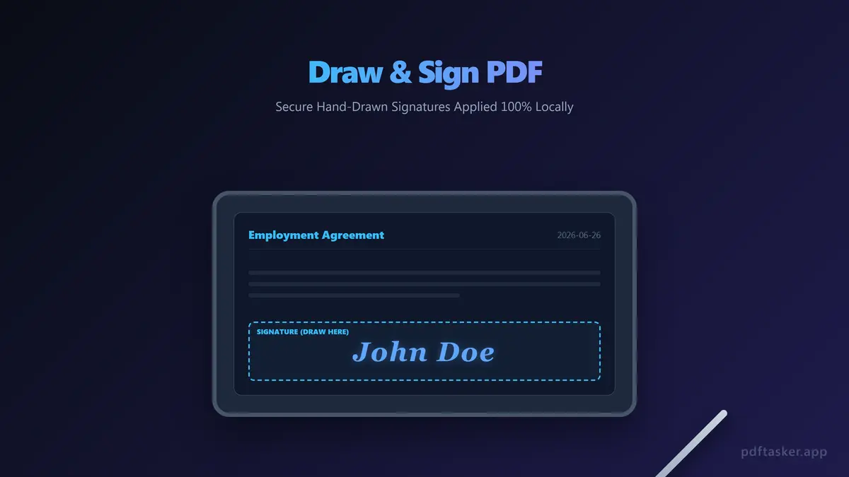 Close-up vector showing a stylus pen drawing a clean black ink signature on a digital contract line