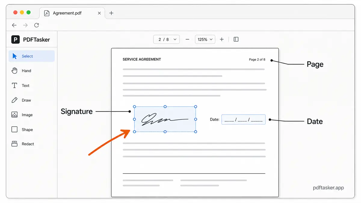 A PDF page in a browser with a highlighted signature box and placement handles
