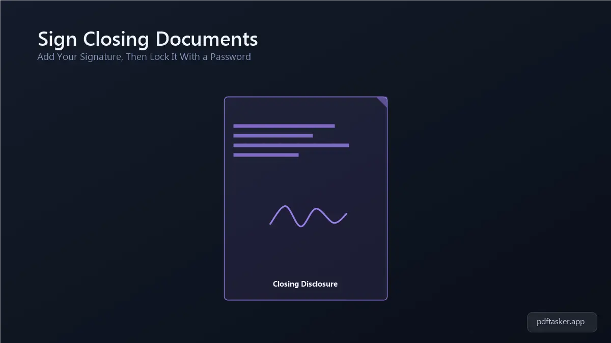 A closing document PDF with a signature line being signed and a padlock icon overlay representing password protection