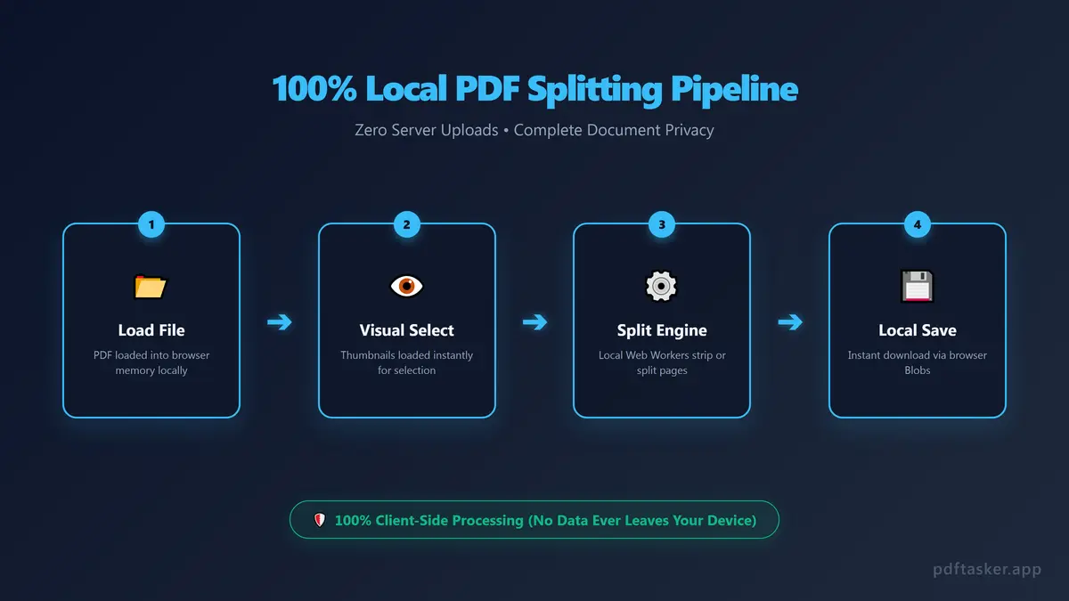 Flow diagram showing a PDF file being loaded in the browser, processed locally, and split into separate files without any network upload