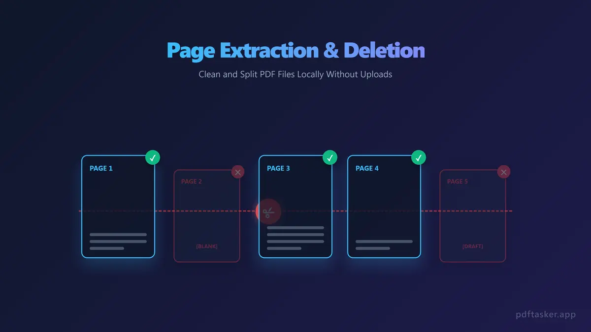 Illustration showing a PDF document being cleanly cut into separate page sections using a virtual pair of scissors