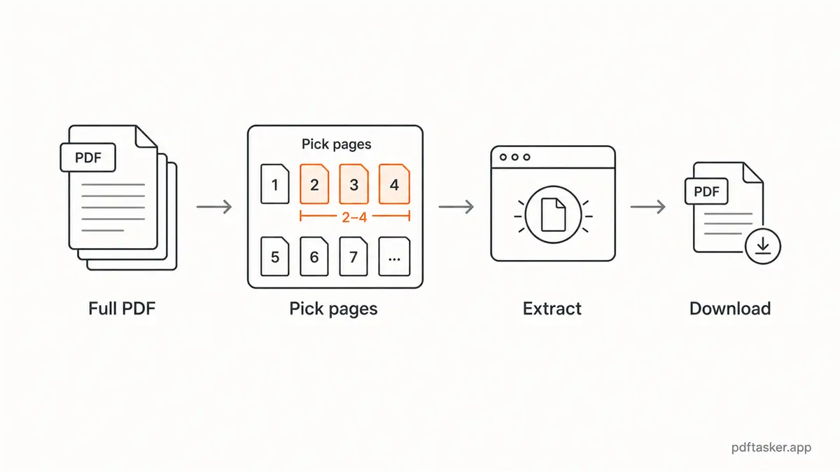 A local PDF split flow from full document to selected page ranges and a smaller output file