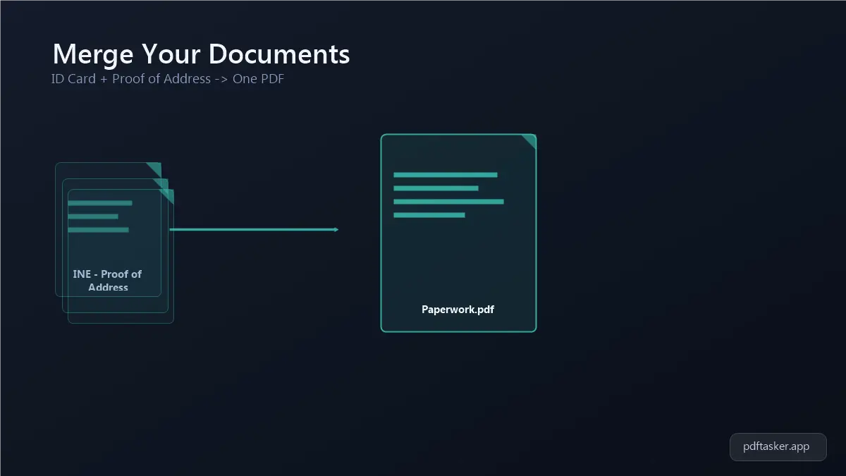 Iconos de PDF de INE y comprobante de domicilio combinándose en un solo archivo