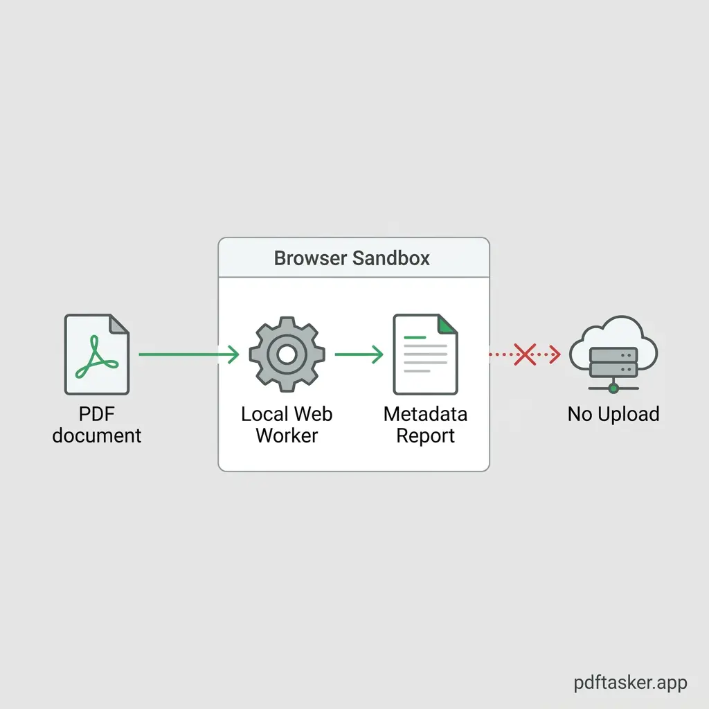 Flow diagram showing a PDF file being parsed locally in the browser to extract metadata without server transmission