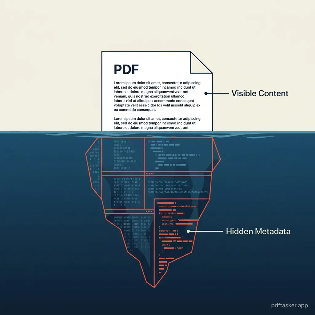 Illustration of a PDF document structured like an iceberg, showing visible text on top and hidden author metadata underwater