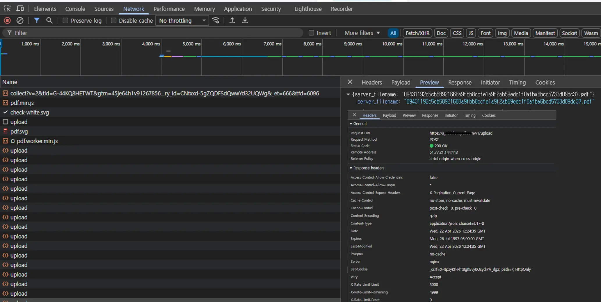 Chrome Network tab with a POST upload request highlighted, showing a 2.4 MB PDF file leaving the browser toward a server